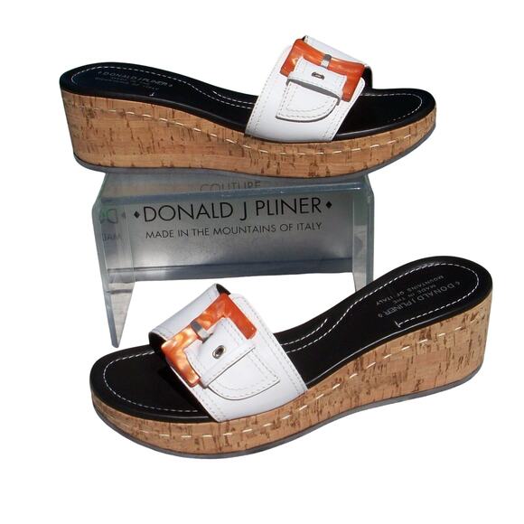 Donald Pliner White Cork Wedge Leather Sandal Platform Shoe Bone Buckle $335 NIB - Picture 2 of 4